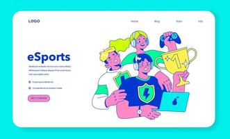 E-sports player web banner or landing page. Character playing games vector