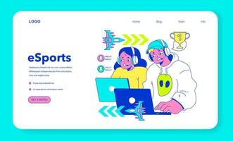 E-sports player web banner or landing page. Character playing games vector