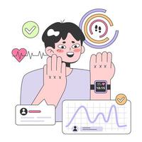 Health tracker smart watch. Character using electronic gadget to monitor vector