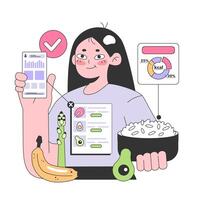 Healthy diet and calorie tracker application. Character using digital device vector