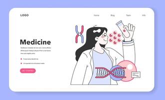 Genomics web banner or landing page. Scientists analyzing DNA helix. vector