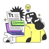 Young female prompt-engineer writing a prompt to a artificial neuron vector