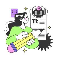 Young female prompt-engineer writing a prompt to a artificial neuron vector