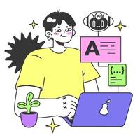 Young male prompt-engineer writing a prompt to a artificial neuron vector