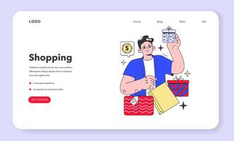 Shopping web banner or landing page. Character shopping for upcoming vector