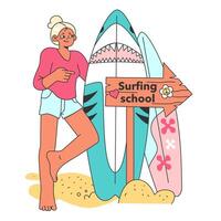 Surfing school. Character in a swimsuit spending time on the beach vector