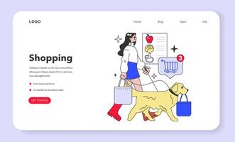 Blind girl shopping with a guide dog web banner or landing page. Character vector