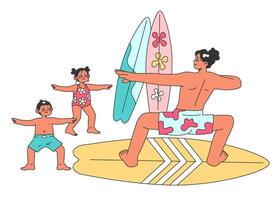 Surfing school. Character in a swimsuit spending time on the beach vector