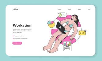 Workcation web banner or landing page. Chatacter working away from the office. vector