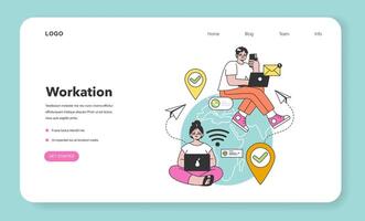 Workcation web banner or landing page. Chatacter working away from the office. vector