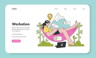 Workcation web banner or landing page. Chatacter working away from the office. vector