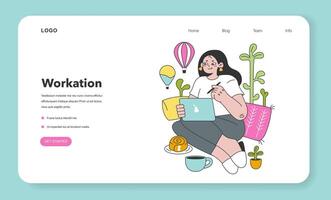 Workcation web banner or landing page. Chatacter working away from the office. vector