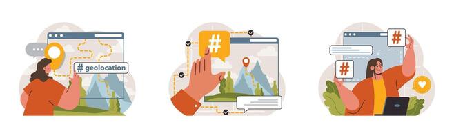 Hashtag set. Character using digital device for sending posts and sharing vector
