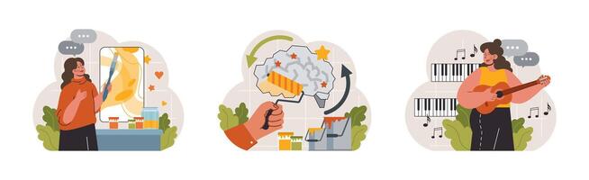 Art therapy set. Character developing a creativity. Self-expression idea. vector