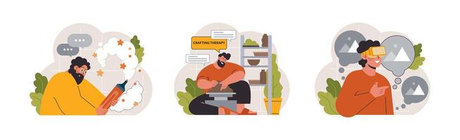 Art therapy set. Character developing a creativity. Self-expression idea. vector