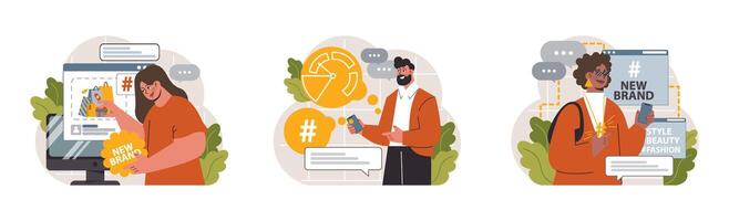 Hashtag set. Character using digital device for sending posts and sharing vector