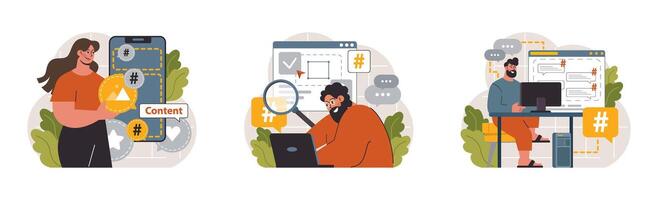 Hashtag set. Character using digital device for sending posts and sharing vector
