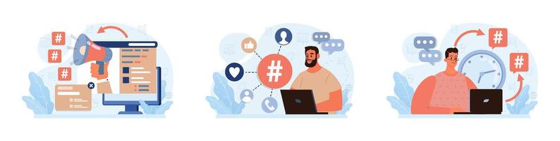 Hashtag set. Character using digital device for sending posts and sharing vector