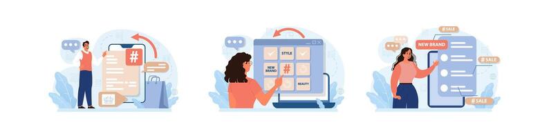 Hashtag set. Character using digital device for sending posts and sharing vector