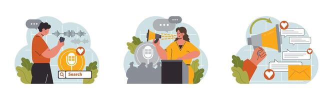 Verbal communication set. Public speaking, talking through a digital vector