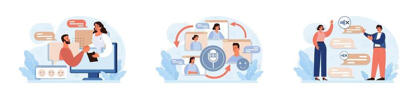 Verbal communication set. Public speaking, talking through a digital vector