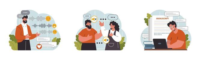Verbal communication set. Public speaking, talking through a digital vector