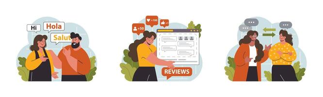 Verbal communication set. Public speaking, talking through a digital vector