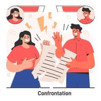 Conflict between coworkers. Tensed argument of two employees. Confrontation vector