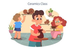 Ceramic and pottery art class. Kids sculpting and creating pottery on potters vector