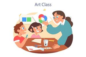 Art class. Happy primary school kids learning how to draw and craft with a teacher. vector