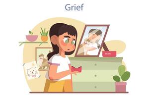 Illustration of a Kid Boy Crying and Hugging a Picture Frame of His Pet Dog vector