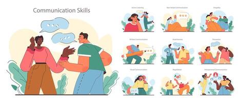 Soft skill development set. Character with communication skill. Effective vector