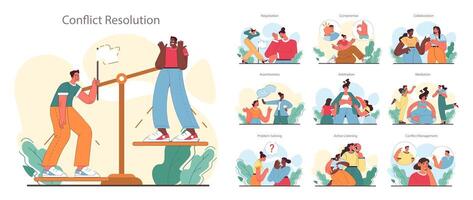 Soft skill development set. Character with conflict resolution skill. Person resolve vector