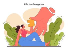 Leadership skill. Delegation. Effective task sharing or work optimization. vector
