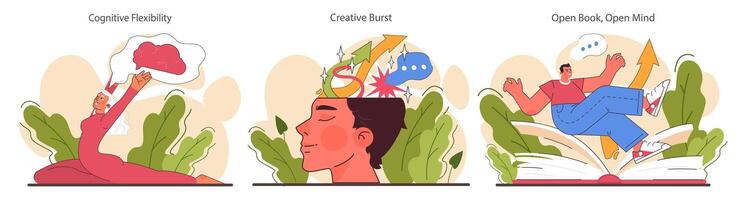 Open-mindedness set. The ability to accept new ideas and concepts vector