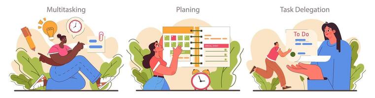 Time management skills. Character with self-discipline. Planning vector