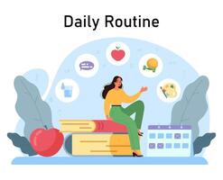 Female character daily routine and schedule. Active and healthy lifestyle vector