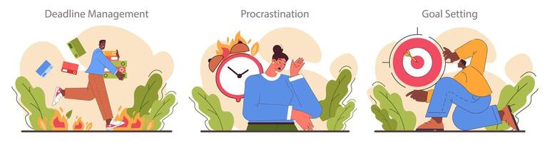 Time management skills. Character with self-discipline. Planning vector