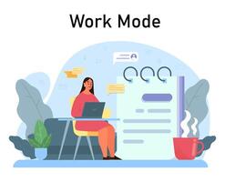 Woman sitting at the desk and working on the computer. Professional vector
