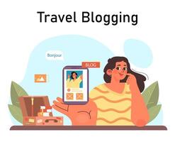 Travel blogger. Young female character shooting for blog in different vector