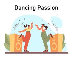 Dancing hobby. Happy female characters enjoying their free time moving vector