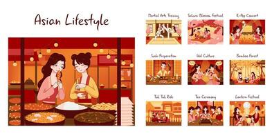 Asian people lifestyle and culture set. Characters enjoying their free time vector