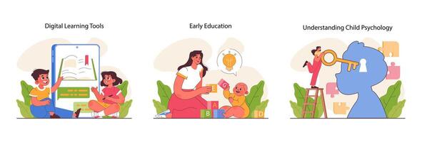 Child development set. Cognitive, physical and emotional skills. Positive vector