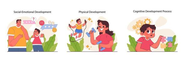 Child development set. Cognitive, physical and emotional skills. Positive vector