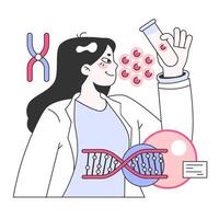 Genomics. Scientists analyzing DNA helix. Genetic engineering. Scientist vector