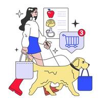 Blind girl shopping with a guide dog. Character with disabilities shop vector