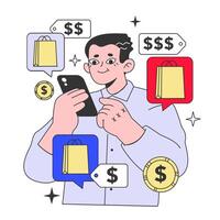 E-commerce. Online shopping, character using a price comparison website vector