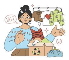 Wardrobe developing. Character doing a apparel audit, throwing away vector