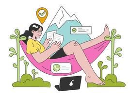 Workcation. Chatacter working away from the office. Digital nomad vector