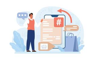 Hashtag. Character using digital device for sending posts and sharing vector